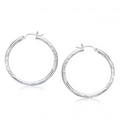14k White Gold Fancy Diamond Cut Hoop Earrings (3x35mm)