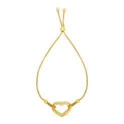 Adjustable Bracelet with Shiny Open Heart in 14k Yellow Gold