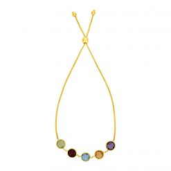 Adjustable Bracelet with Multicolored Large Round Gemstones in 14k Yellow Gold