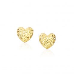 14k Yellow Gold Puffed Heart Earrings with Diamond Cuts(8mm)