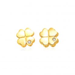 14k Yellow Gold Polished Four Leaf Clover Earrings with Diamonds(7mm)