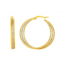 Three Part Textured Hoop Earrings in 14k Yellow and White Gold