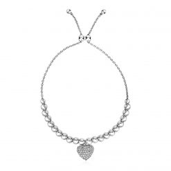 Adjustable Bead Bracelet with Round Charm and Cubic Zirconias in Sterling Silver