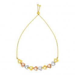 Adjustable Bracelet with Shiny Open Hearts in 14k Tri Color Gold