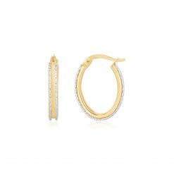 14K Two Tone Gold Diamond Cut Oval Hoop Earrings