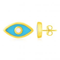 14K Yellow Gold Blue Evil Eye Earrings with Enamel