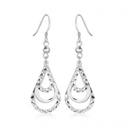 Sterling Silver Textured Graduated Open Teardrop Dangling Style Earrings